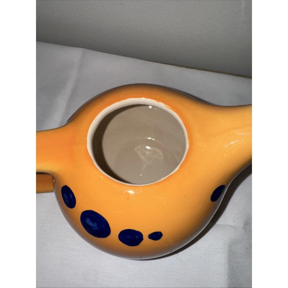 Evandale Hand Painted Ceramic Teapot Orange w Blue Dots w Lid Vintage 70s